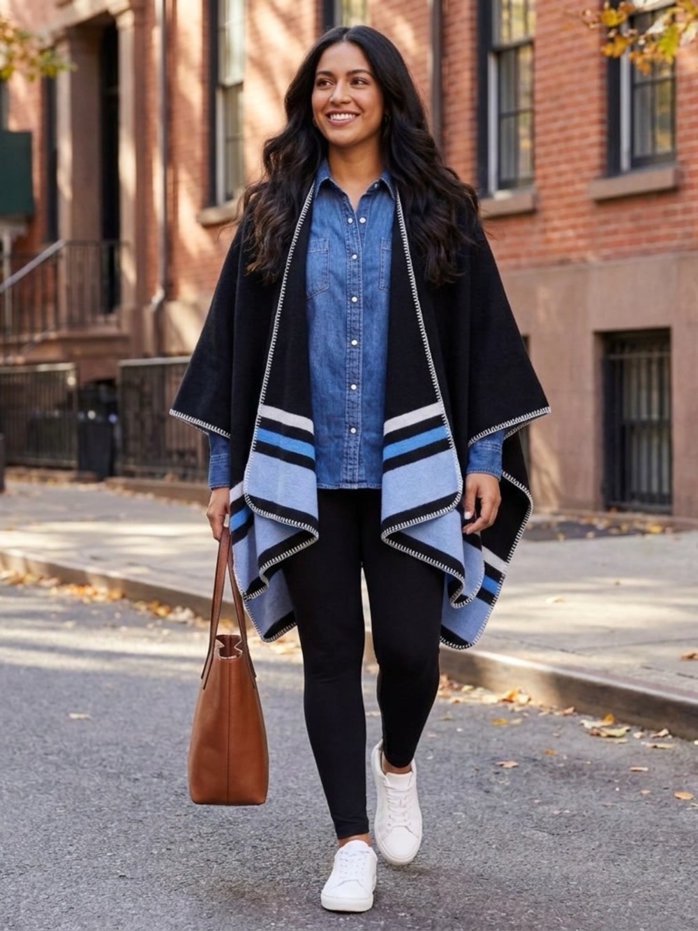 Shiraleah Twila Belted Cape Poncho Black Blue Stripe Stitch Detail